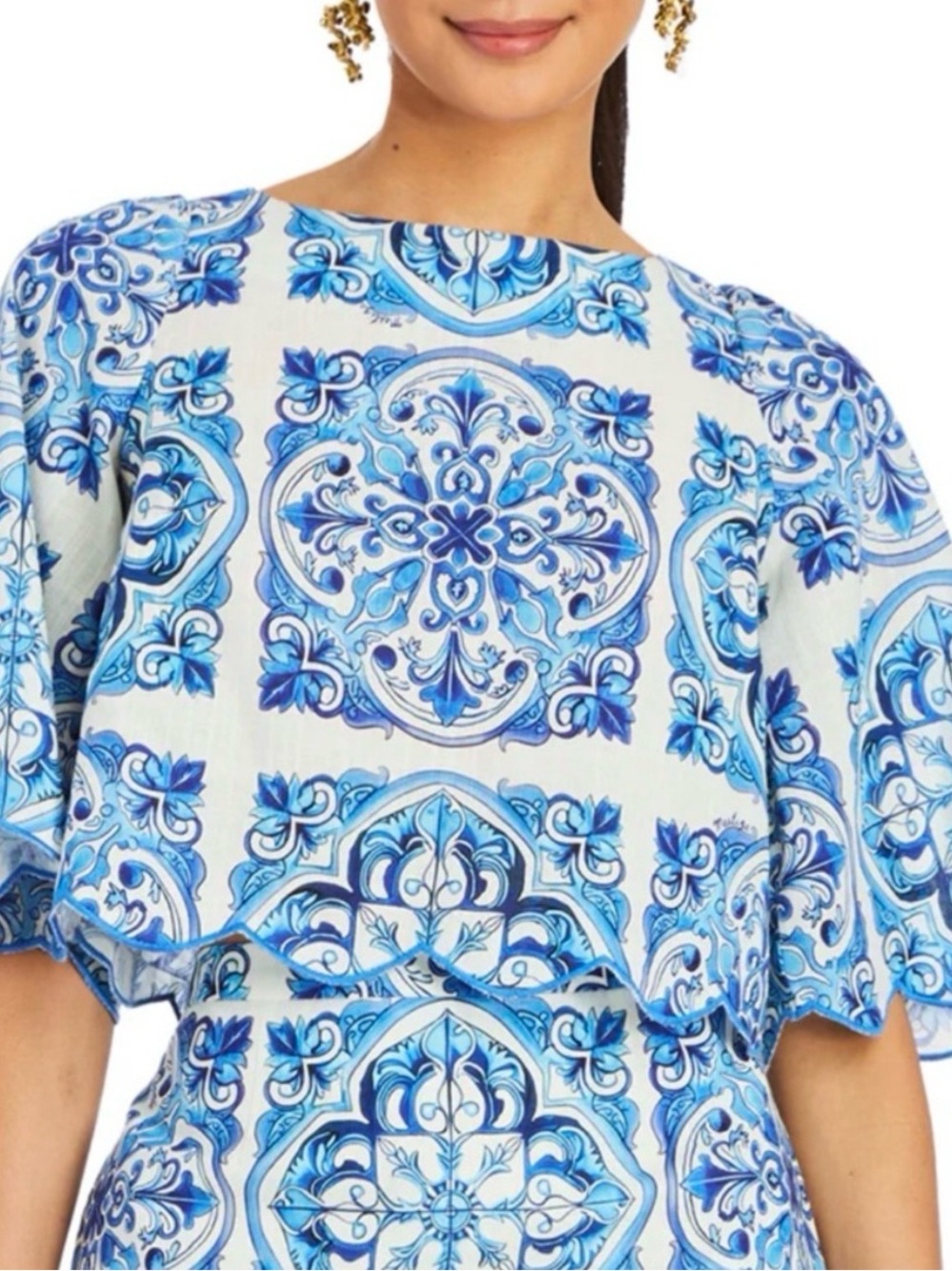 EUC Mestiza New York Charlize Scallop Top in  Azuljo Blue White Large